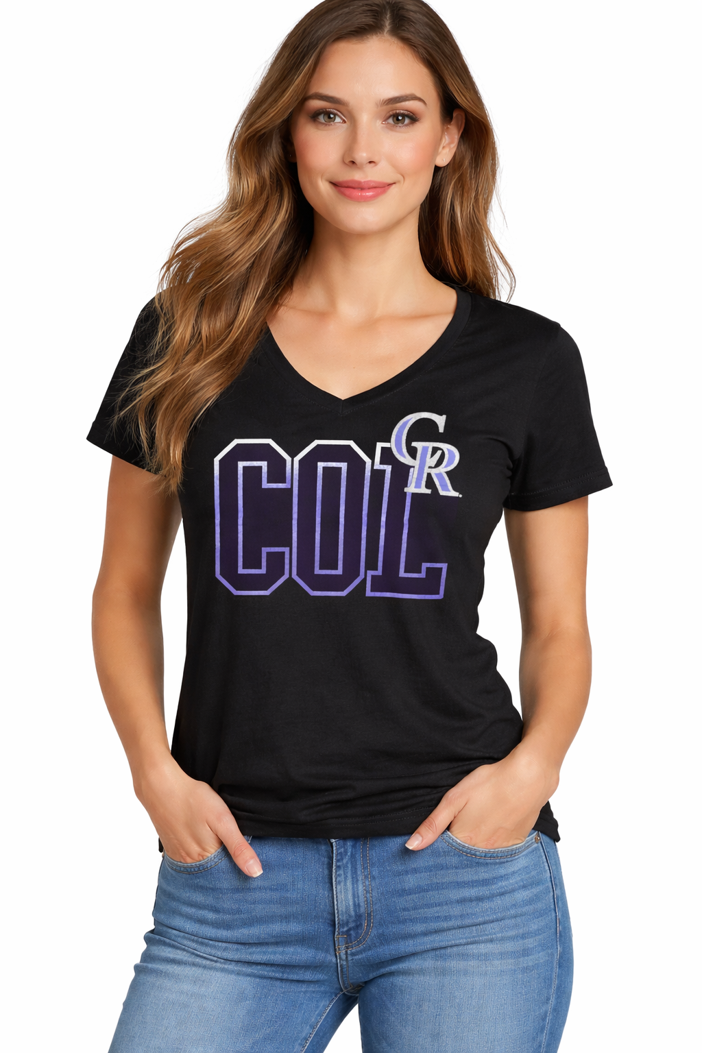 Col CR Black V Neck Women T-shirt Short Sleeves Size M