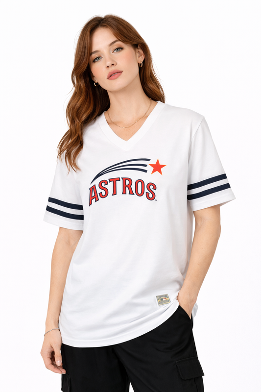 Mitchell & Ness ASTROS White V Neck Size L Women's T-Shirt