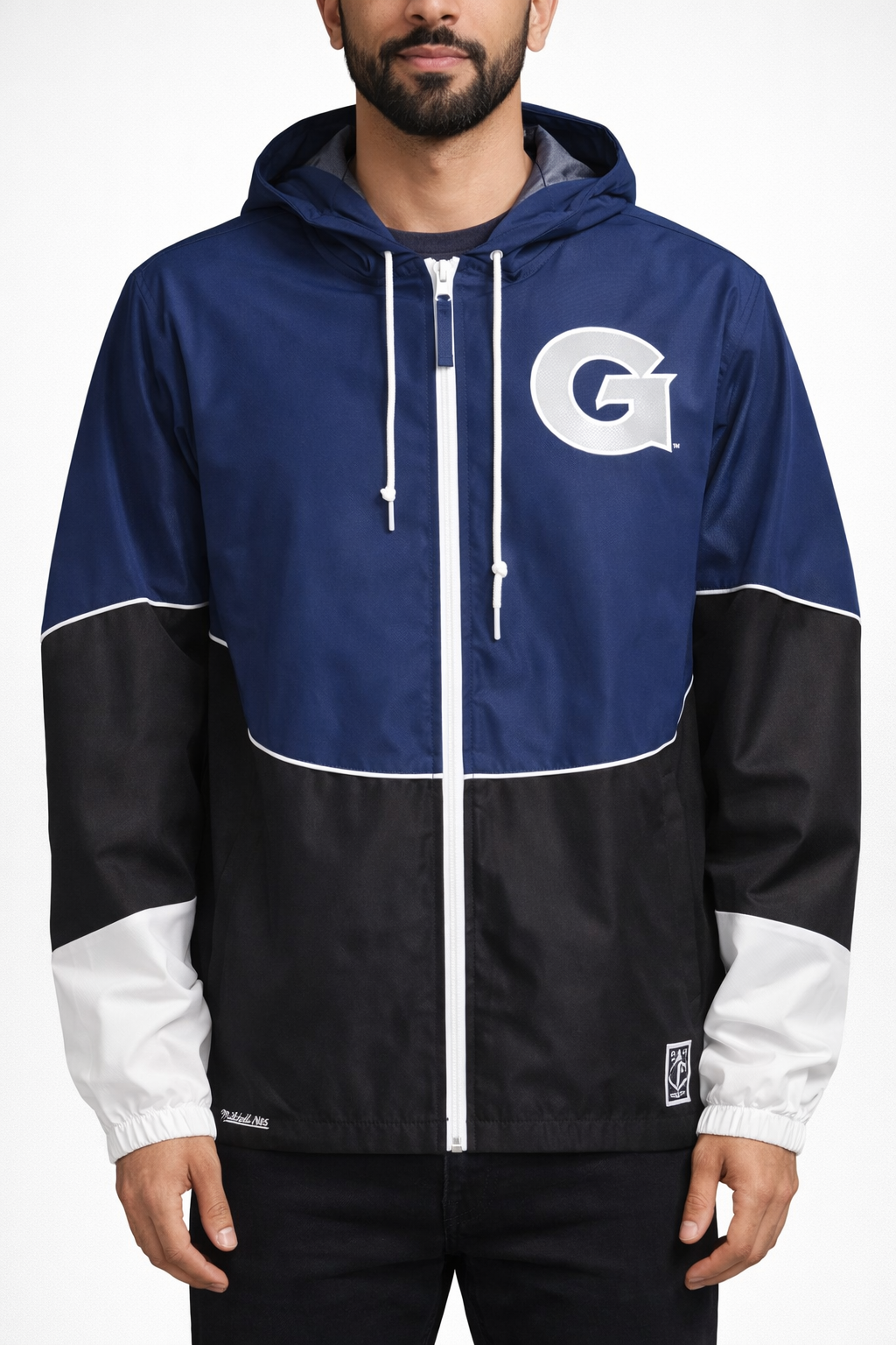 Mitchell & Ness George Town Size M Long Sleeve Blue and Black Windbreaker Hoodie